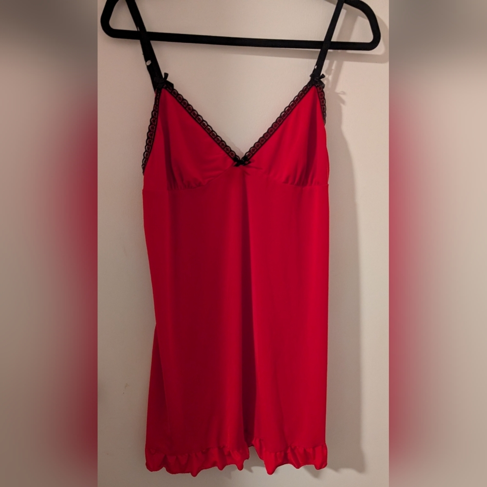 La SENZA Red Chemise with Black Lace Trim